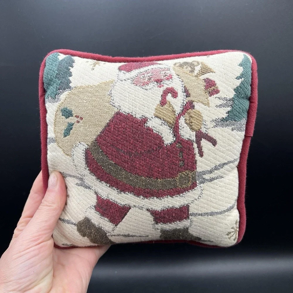 Vintage Christmas Santa Claus Tapestry Throw Pillow Decor 7x7x4 Red Back Quality